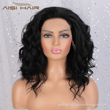 Aisi Hair Top Quality 16 Inch Curly Wave Black Wig Long Wavy Swiss Lace Wig Synthetic Lace Front Hair Wigs For Black Women